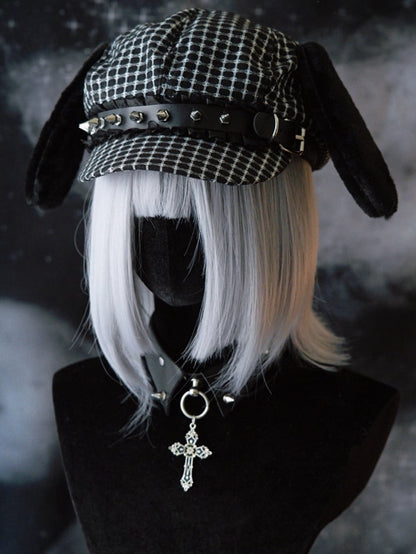 Black Gothic Studs Decorated Buckle Design Plush Puppy Ear Beret Hat