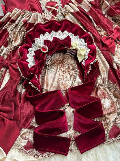 Wine Red/Black Velvet Lace Trim Bonnet + 4 Bowknot Brooches