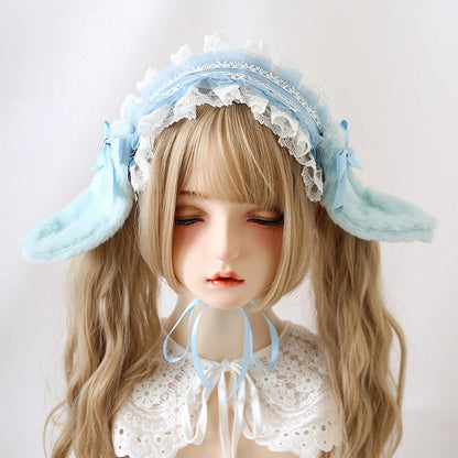 8 Colors Cute Lolita Lace Hairband With Detachable Bowknot And Plush Bunny Ears