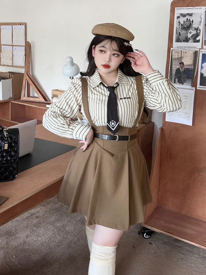 Plus Size - Coffee Preppy High Waist Overalls Suspender Skirt