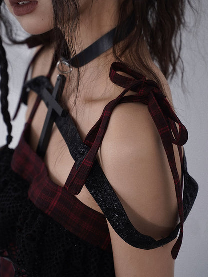 Lace-up Detail Red and Black Plaid Punk Rock Dress