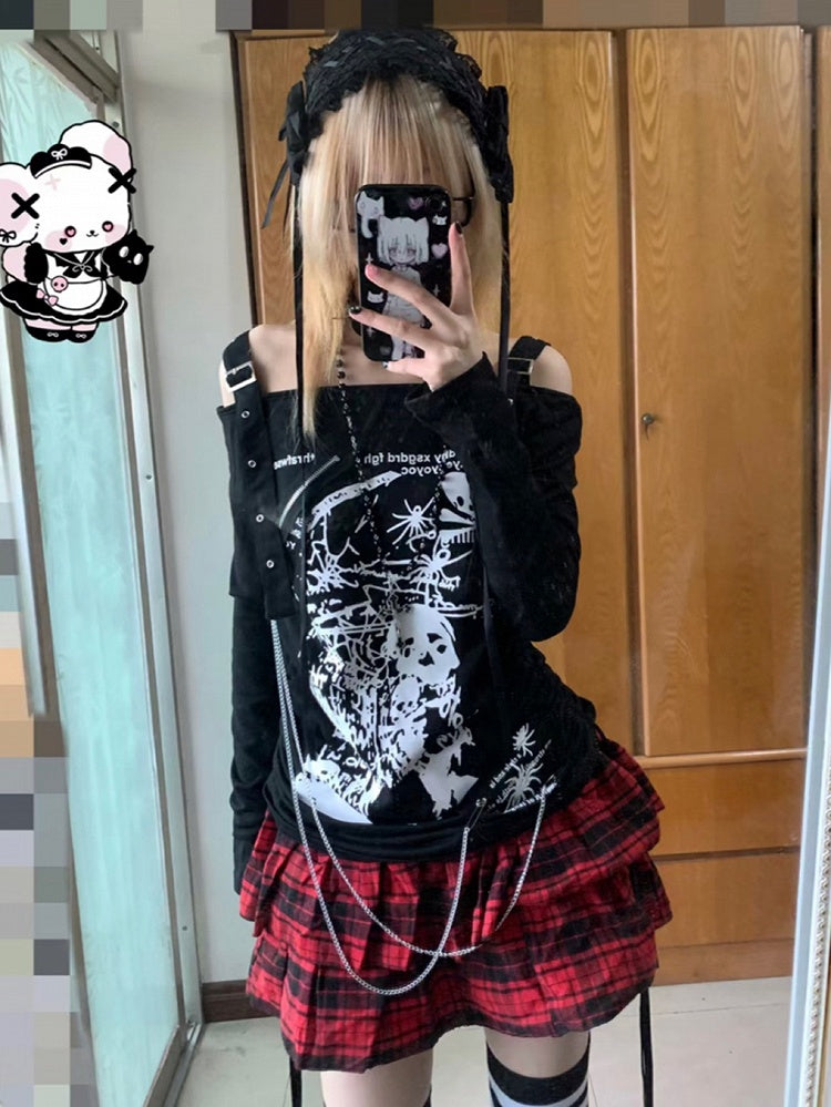 White Off-the-shoulder Neckline Skeleton Print Punk Top