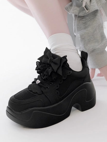 Black Jirai Kei Detachable Bowknot Lace Trim Front Lace-up Ties Sneakers