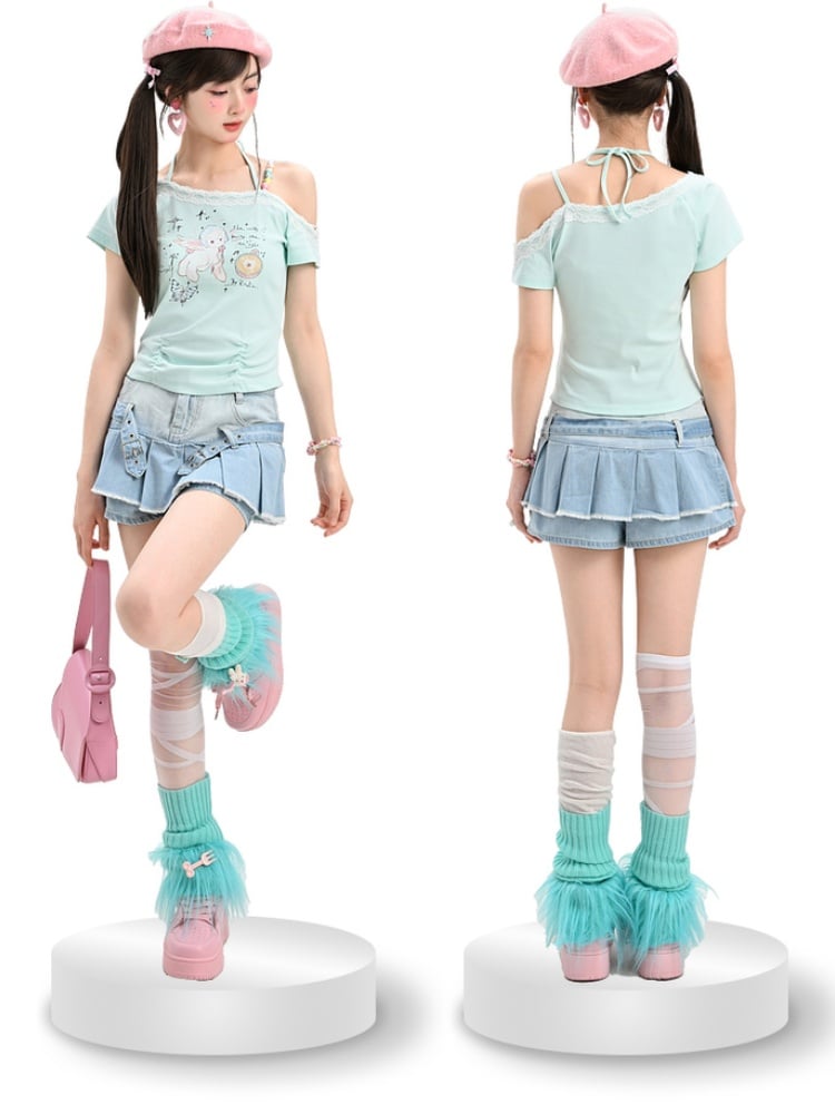 Punk Blue Buckle Straps Raw Hem Denim Glamorous Pleated Skirt