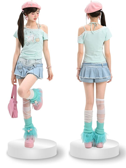 Punk Blue Buckle Straps Raw Hem Denim Glamorous Pleated Skirt