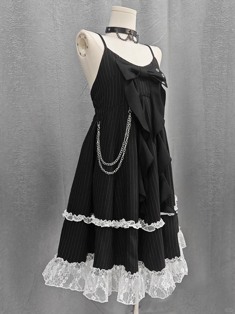 Big Bow Neckline Black Striped Cami Dress Bubble Skirt with Detachable Waist Chain