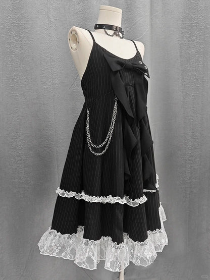 Big Bow Neckline Black Striped Cami Dress Bubble Skirt with Detachable Waist Chain