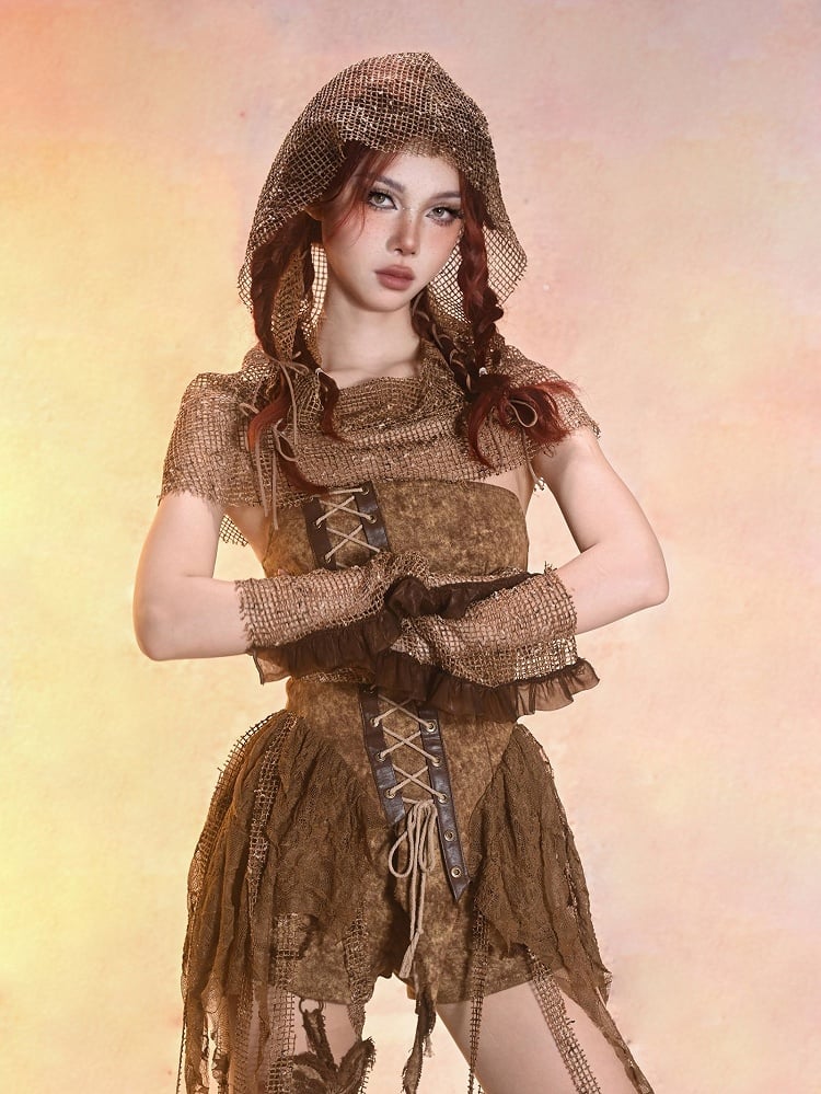 Sand Brown Mesh Fabric Wasteland Punk Hood