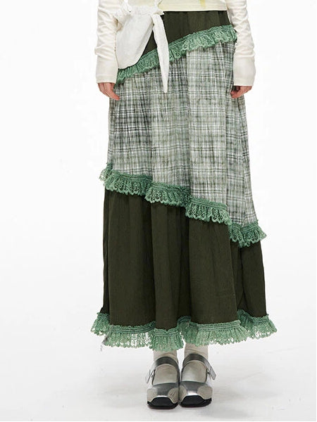 Serenity Sweety Green Plaid Patchwork Skirt with Lace Trim