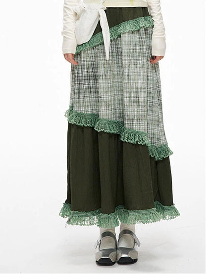 Serenity Sweety Green Plaid Patchwork Skirt with Lace Trim