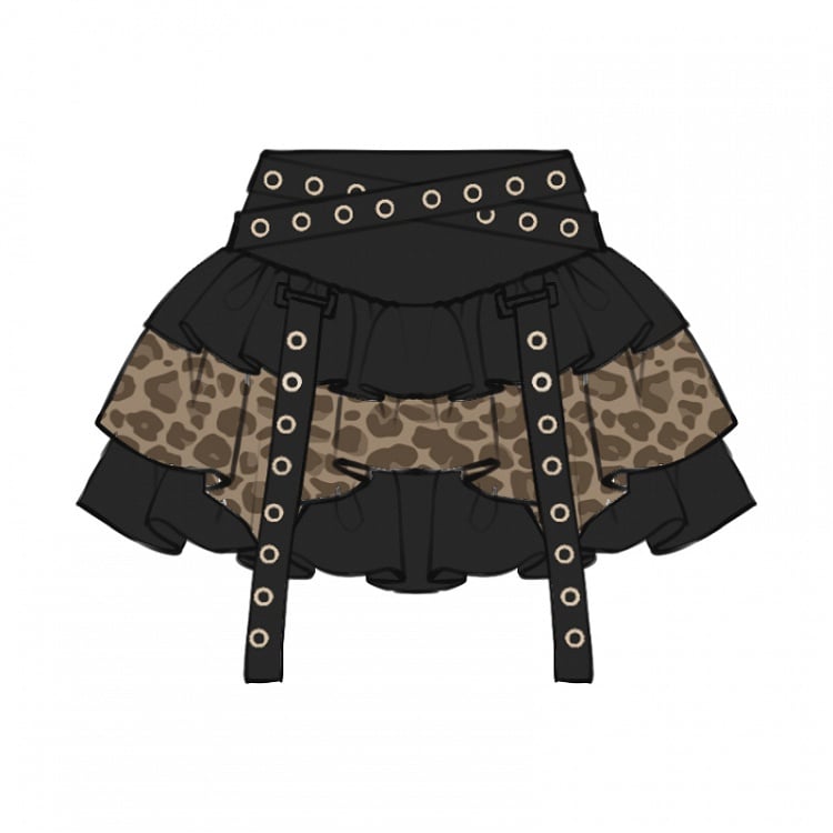 Plus Size Straps Design Leopard Pattern Black and Brown Tiered Skirt