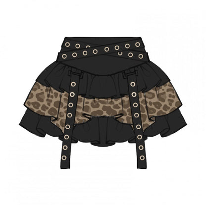 Plus Size Straps Design Leopard Pattern Black and Brown Tiered Skirt