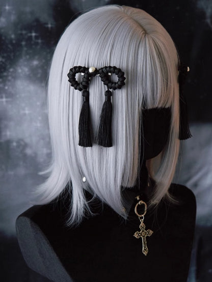 Black Gothic Beaded Decorated Tassels Design Bowknot Hairclips