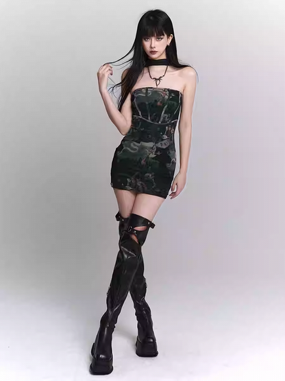 Black Oil Painting Print Halter Neck Glamorous Slim-fitting Mini Dress