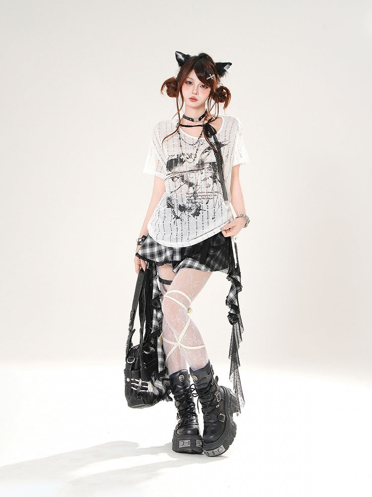 Self-tie Straps Neckline Butterfly Print Black/White Distressed Holes T-shirt