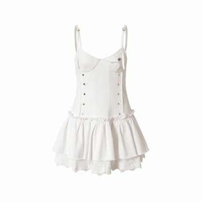 Black/White Dropped Waist Stud Details Raw Hem Punk Cami Dress