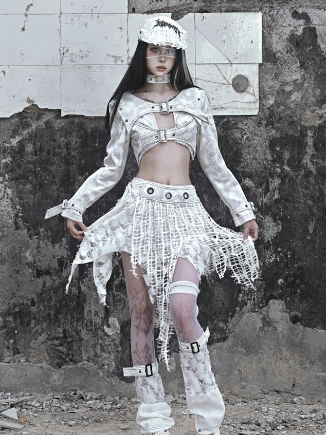 Grey Punk Buckle Closure Padded Shoulders Cropped Top