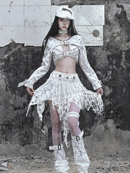 Grey Punk Buckle Closure Padded Shoulders Cropped Top