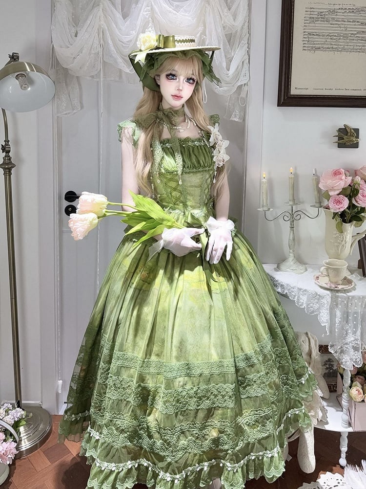 Green Classic Lolita Boned Basque Waist Top + Oil Painting Print Overlay Skirt