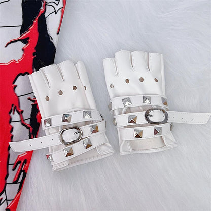 Punk Studs Crisscross Straps PU Half Finger Gloves 5 Color Options