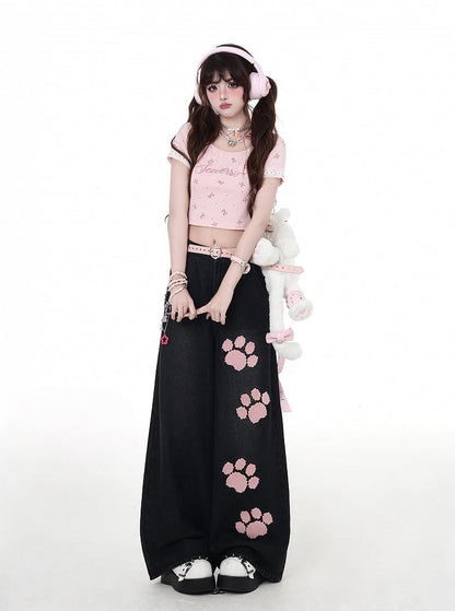 Pink Paw Embroidery Black Low Waist Straight-Leg Jeans