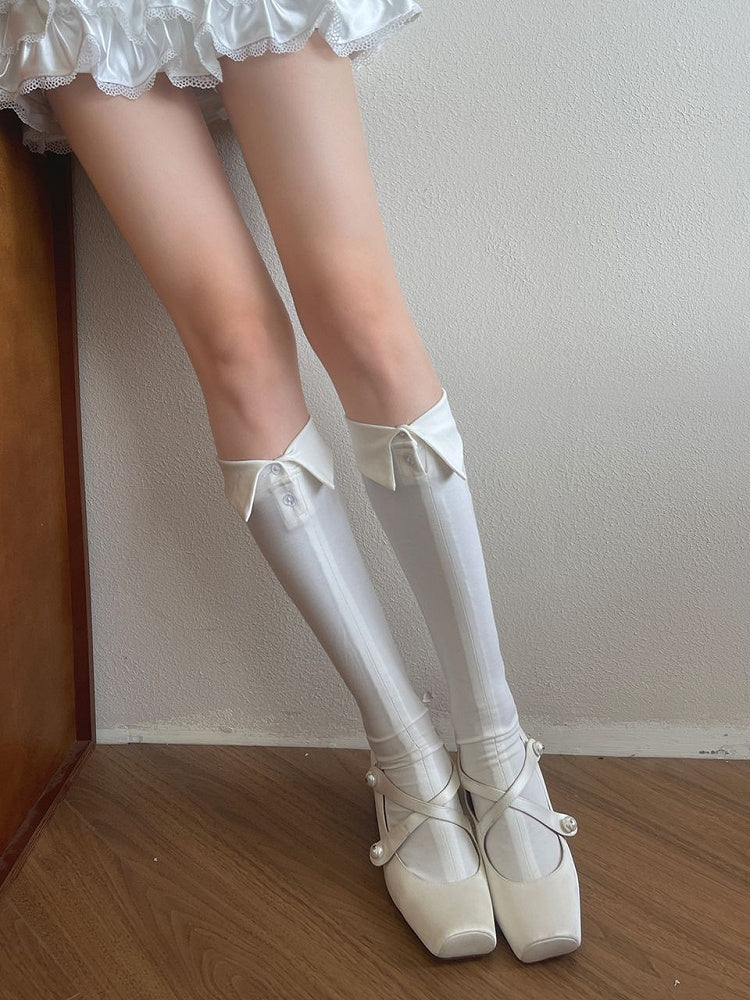 Black/White/Gray Underknee Stockings With Button Decoration