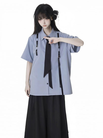 Blue Preppy Style Short Sleeves Shirt with Free Tie