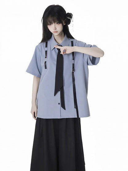 Blue Preppy Style Short Sleeves Shirt with Free Tie