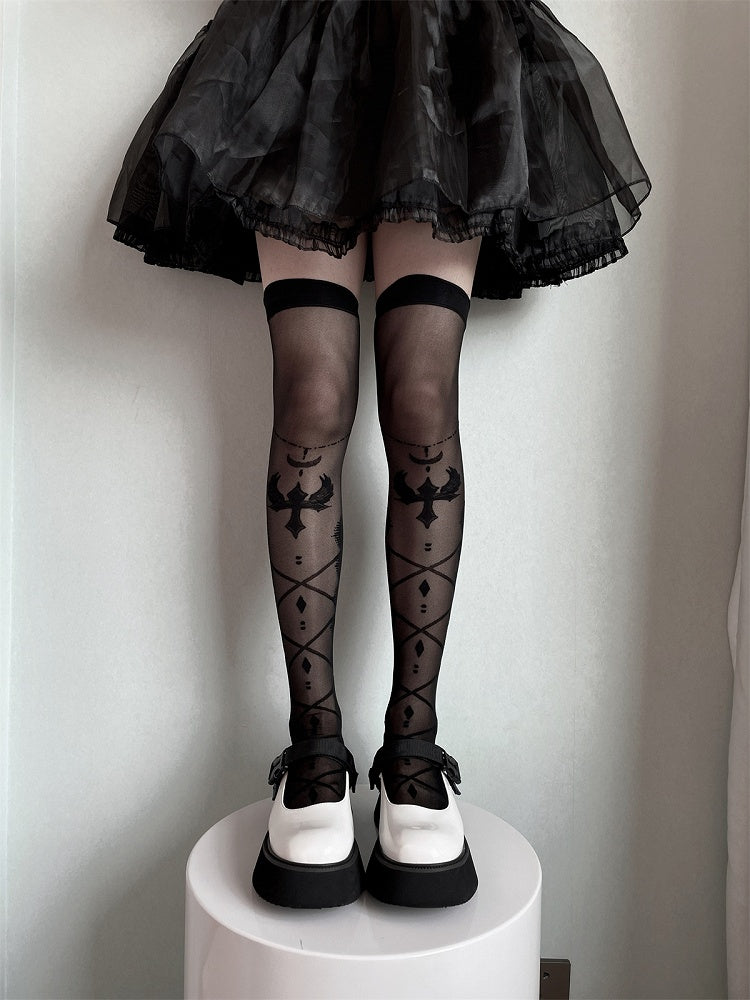 White/Black Bow Semi-sheer Cross and Wing Print Over Knee Stockings
