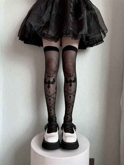 White/Black Bow Semi-sheer Cross and Wing Print Over Knee Stockings