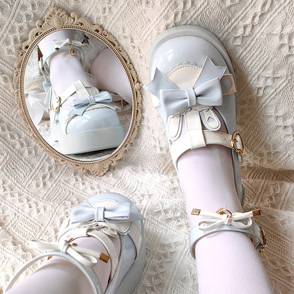 Polished Blue Sweet Lolita Heart Details Bunny Ear Bow at Top T-strap Platforms
