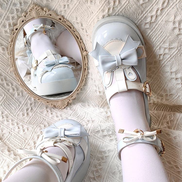 Polished Blue Sweet Lolita Heart Details Bunny Ear Bow at Top T-strap Platforms