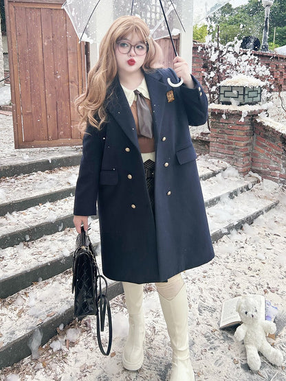 Plus Size Dark Blue Preppy Coat with Free Badge