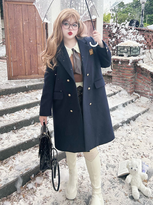Plus Size Dark Blue Preppy Coat with Free Badge