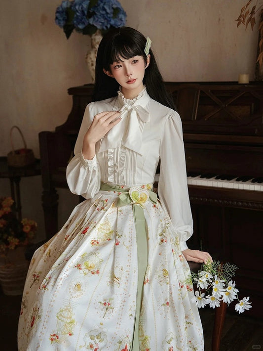 White Long Sleeves Lolita Blouse with Lace-Up Back and Ruffled Details