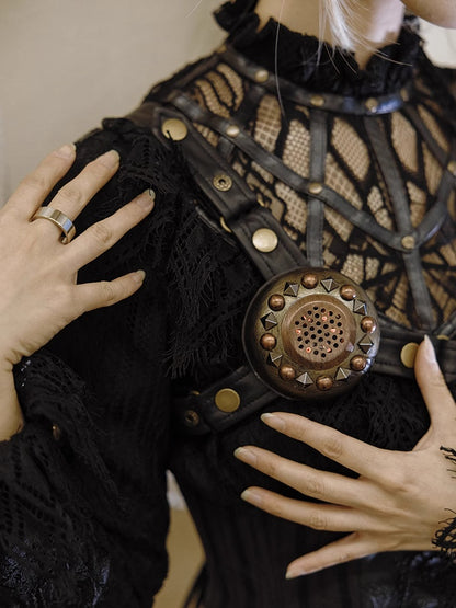 Black Gothic Banded Collar Lace Shirt