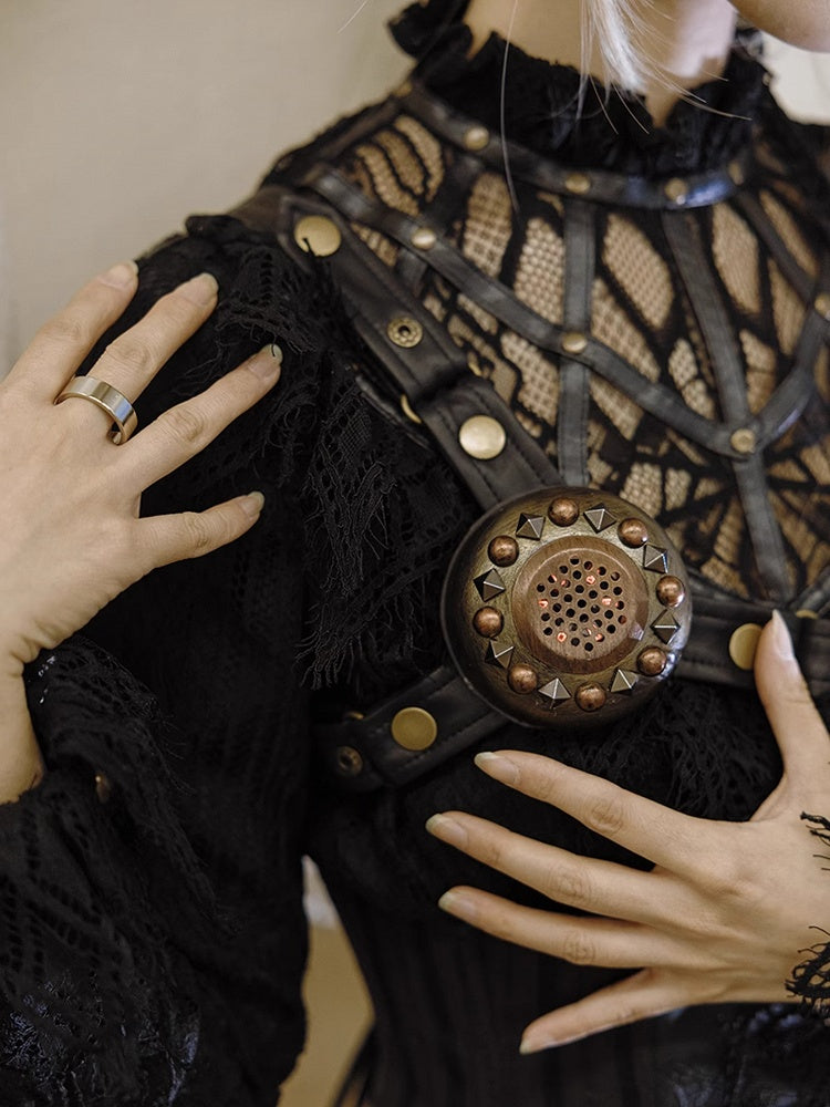 Black Gothic Banded Collar Lace Shirt