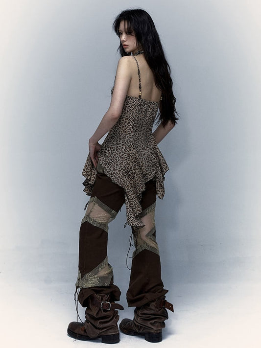 Gyaru Fashion Detachable Flower Decorated Brown Leopard Asymmetrical Hem Cami Top