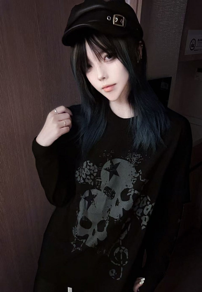 Black Faux Two-Pieces Top with White Skeleton and Cross Print