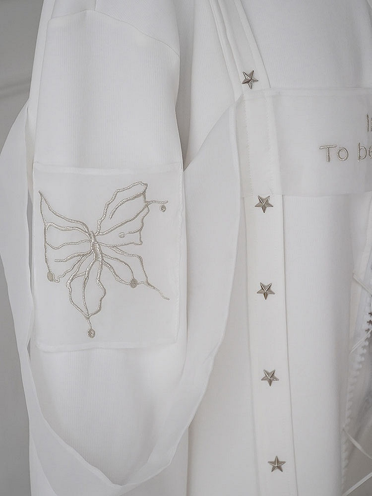 Zip Design White Butterfly Embroidered Chic Sweat Shirt with Star-shaped Studs