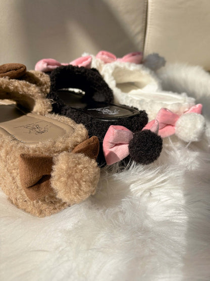 White Cute Bow Accents Lamb Ears Platform Winter Slipper
