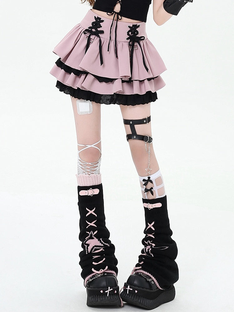 Lace-up Details at Waist Y2K Pink Tiered Skirt
