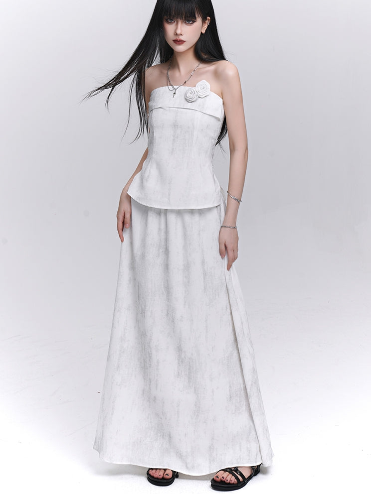 Off-white Floral Embellished Strapless Top / Elastic Waist Skirt