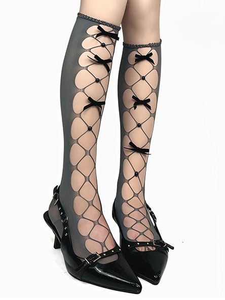 White/Black/Gray Bowknot Details Cutout Design Under-Knee Stockings