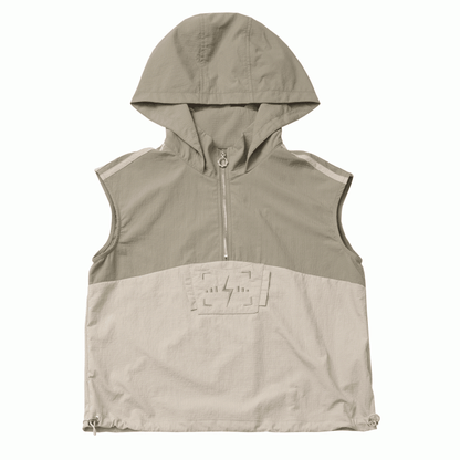Khaki Colorblock Design Drawstring Hem Techwear Hooded Tank Top