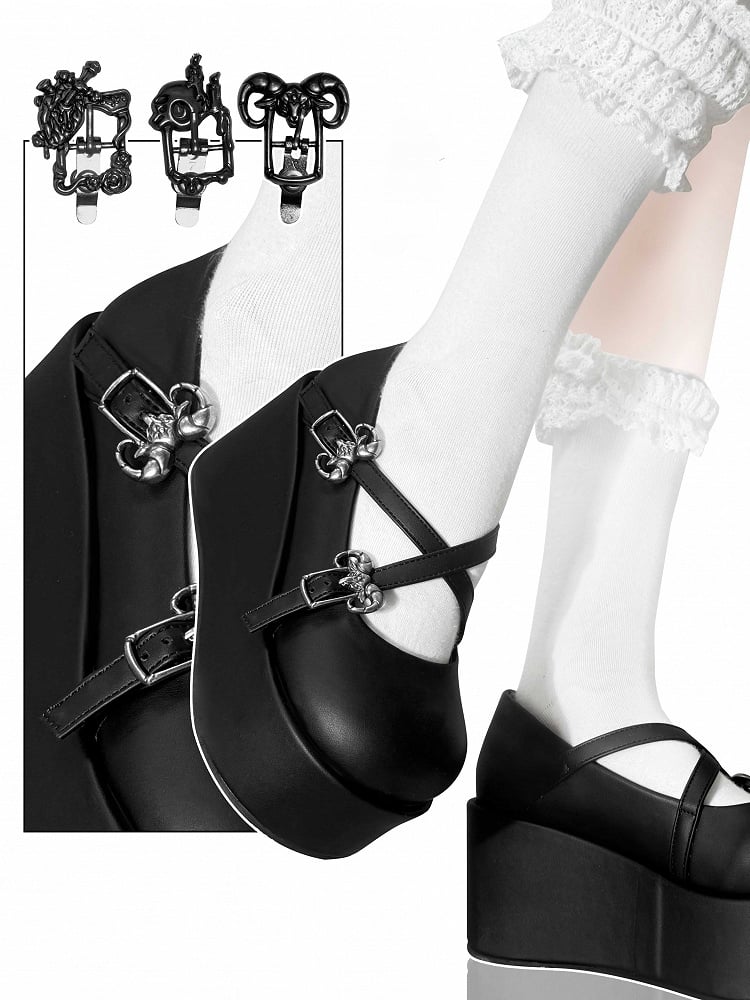 Black Gothic Crosscriss Design Platform Mary Janes With Detachable Buckles