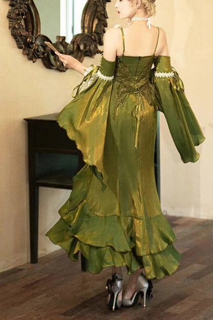 Clearance-Size XL for Bust 94CM Green Evening Gown Rosette Mermaid Dress with Detachable Flounce Sleeves