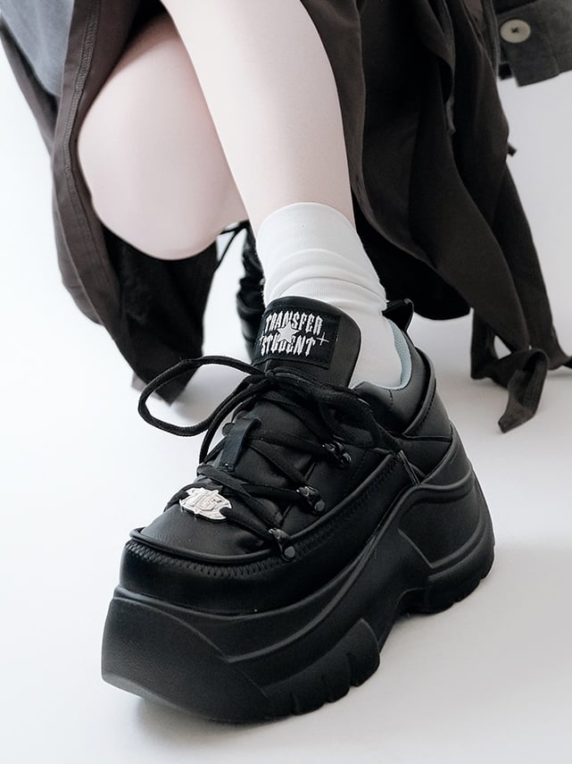 PU Mattend Black Jirai Kei Platform Sneakers with Lace-Up Design