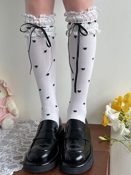 Black Heart Pattern Lace Trim White Lolita Under-Knee Stockings