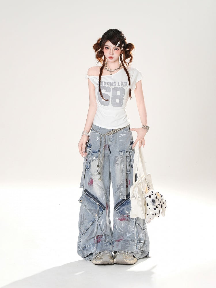 Spray Paint Print Blue Low Rise Zipper Details Distressed Wide-leg Jeans